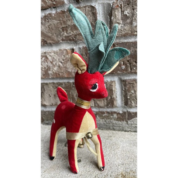 Set of 2 Vintage Fun Farm Christmas Red Velveteen 10" Reinder Plush Figurines - Picture 6 of 11